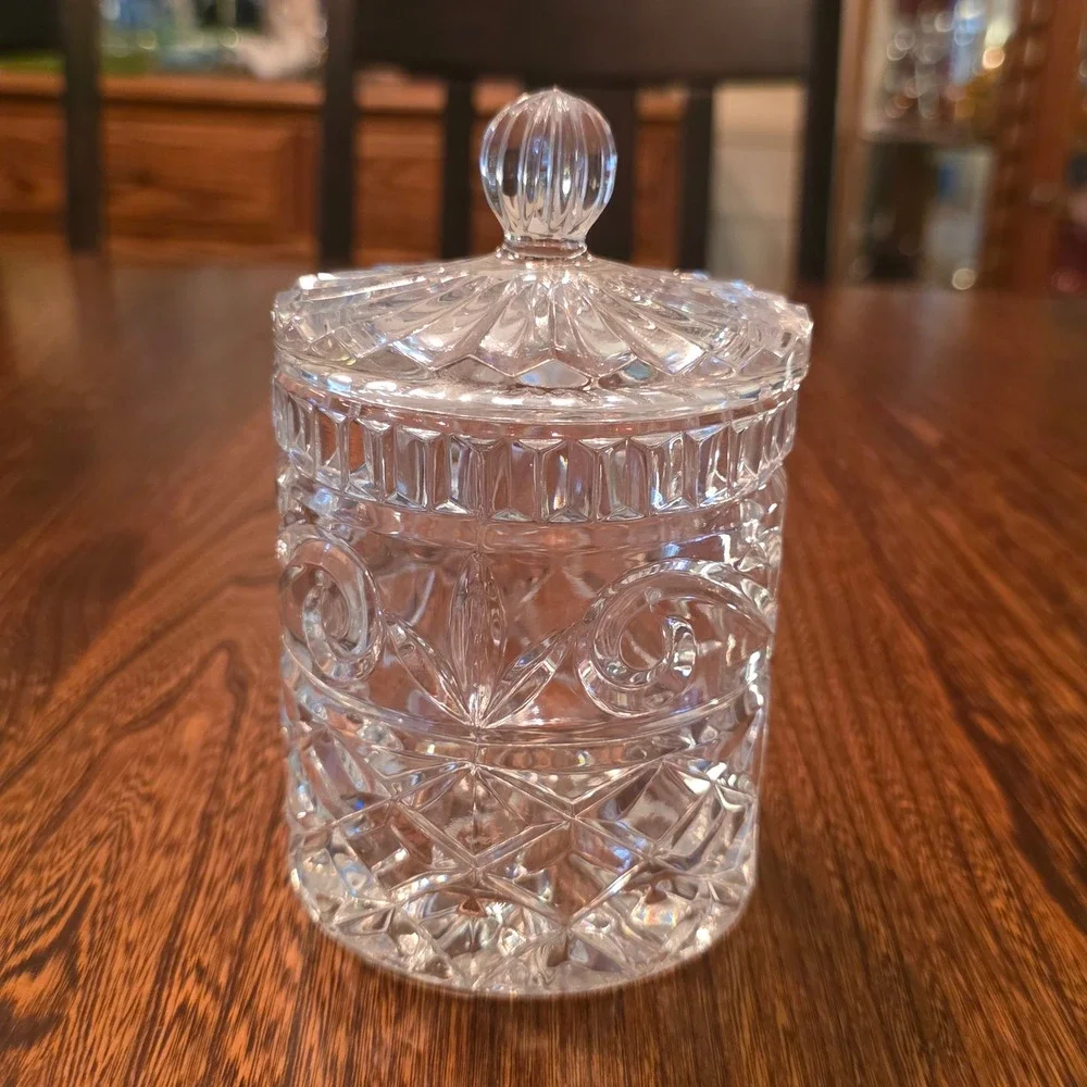 Vintage Cut Lead Crystal Biscuit Barrel Candy Jar Lid Clear Glass Fifth Ave
